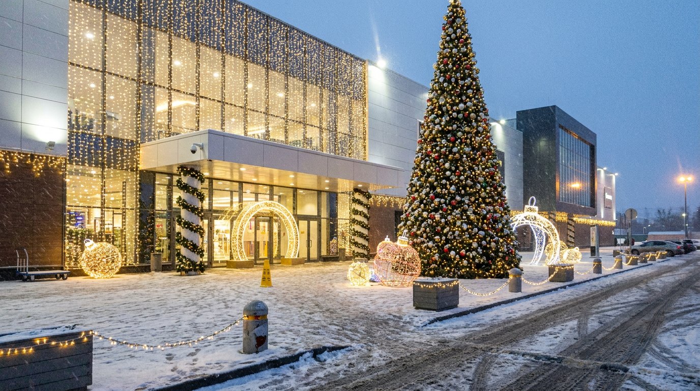 Фасад торгового центра и входная группа в огнях